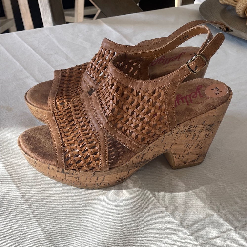 Jellypop Brown Woven Cork Platform Slingback Sandals